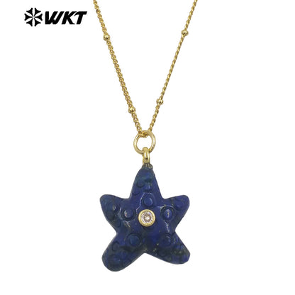 WT-N1532 Popular Trendy Gold Thin Chain With Starfish Shape Natural Gemstones Pendants Necklaces As Female Daily Decoration