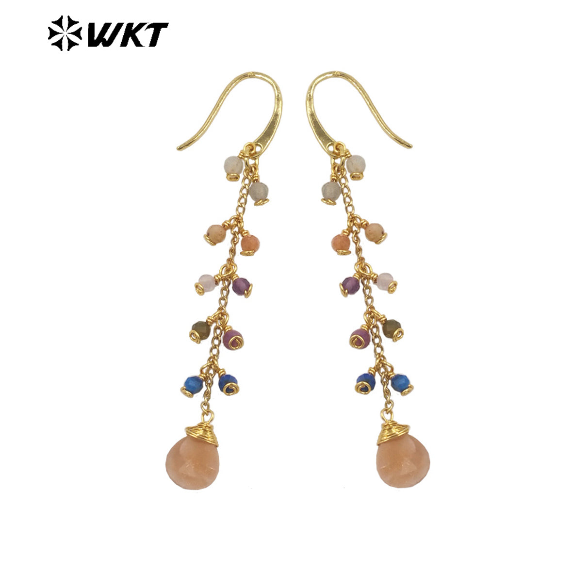 WT-E725 Amazing Colorful Gemstone Wire Wrapped Long Charming Earrings Women Dangle Gold Birthday Stone Earrings in Drop