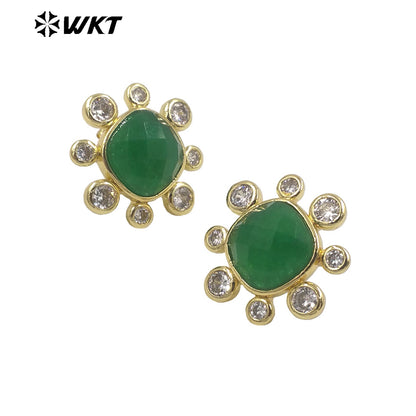 WT-ME091 Wholesale Newest Fashion square Gemstone with clear Cubic Zircon Around Setting Earrings Studs Gold Birthday Earring