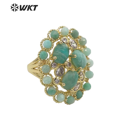 WT-R457 WKT New Design Fashion Gold Bezel Natural Stone by Claw Setting Ring Gorgeous Big Multi Real Stone Women Ring