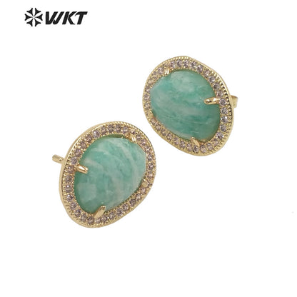 WT-ME085 WKT Natural Gemstone With Micropaved Cubic Zircon Studs Precious Birthday Stone Studs for Friend Gift