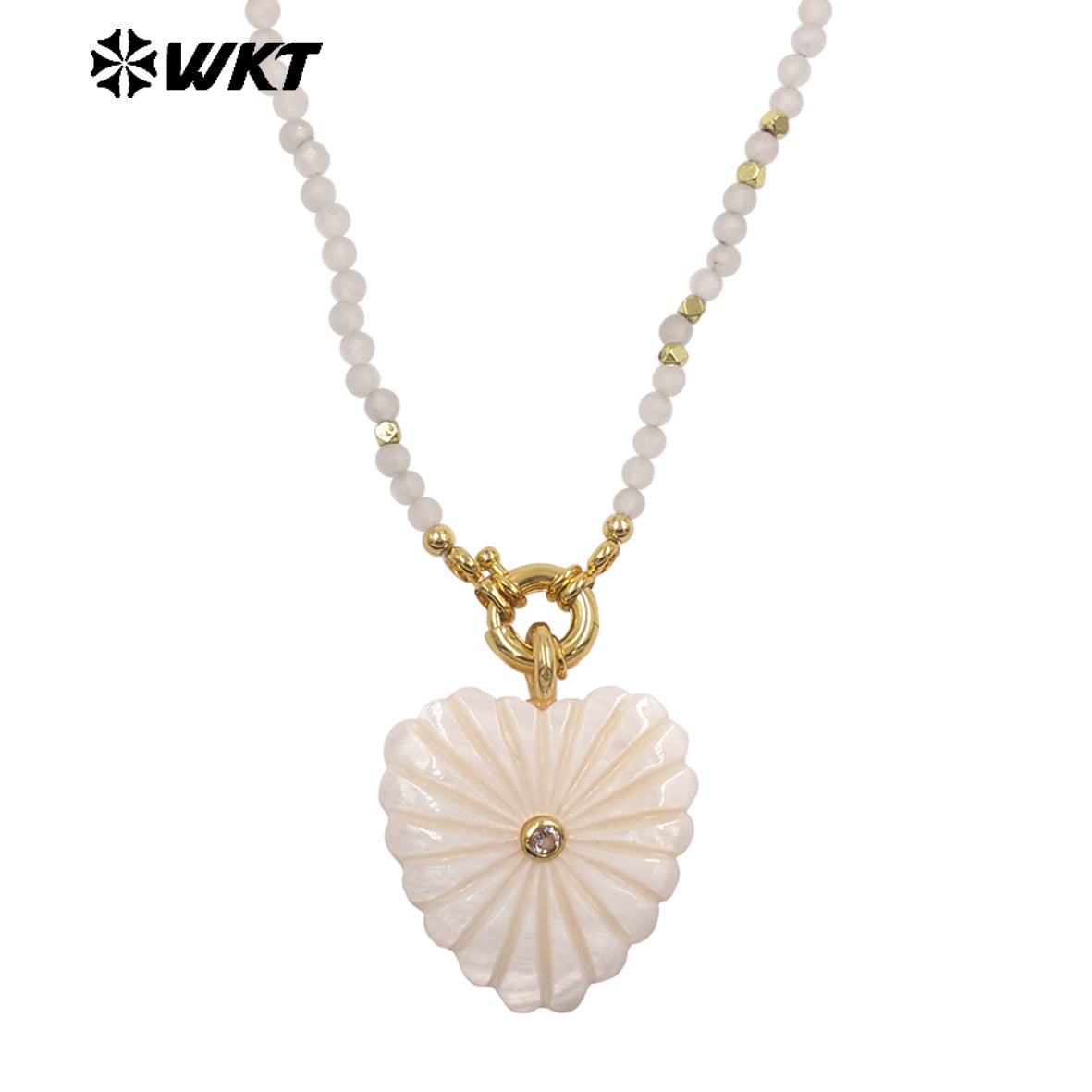 WT-JN404 Popular Fashion Style Natural Gemstone Beads Chain With White Shell Heart Pendants Necklaces For Girls Wearing