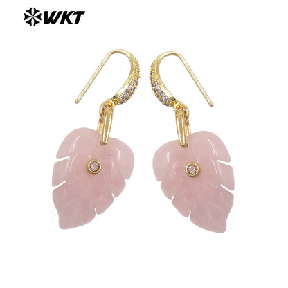 WT-E829 Wholesale Popular Zircon And Colorful Natural Gemstones Carved Leaf Shape Gold Earrings For Women Lovely Jewelry