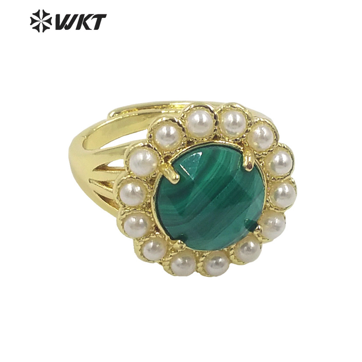 WT-MPR079 Wholesale Fashion 18K Real Gold Plated Round Gemstone Malachite Natural Stone Lady Ring Popular INS Hot Women Ring
