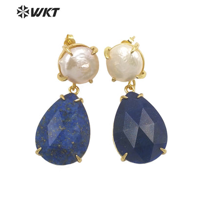 WT-E696 Amazing the Royal Nobility Gorgeous Design Women Natural Gemstone Teardrop Earrings with Pearl Studs in Resist Gold