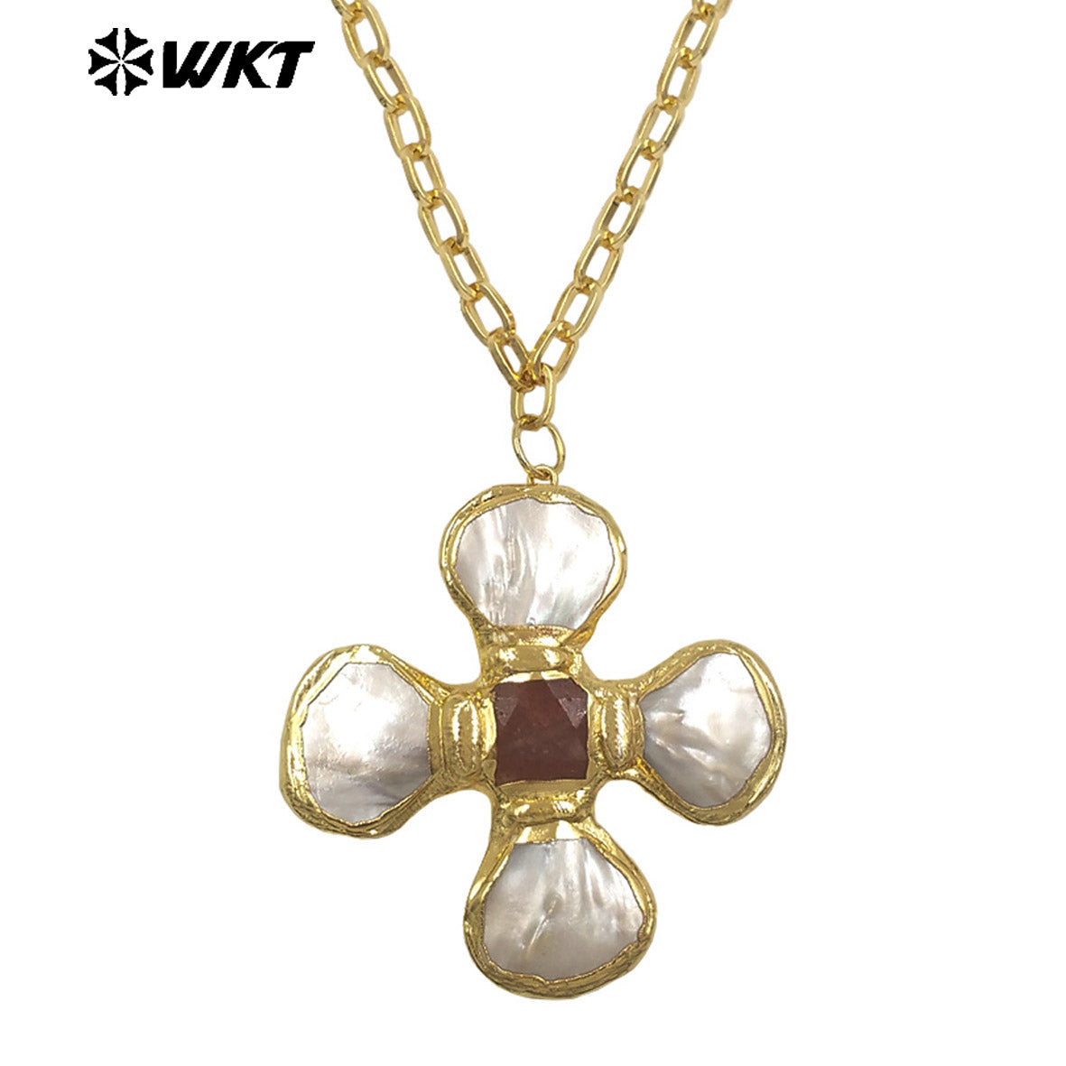 WT-JN346 Popular 18K Gold Plated Natural Turquoise Amethyst Stones And Shell Flower Shape Pendant Necklace As Party Jewelry