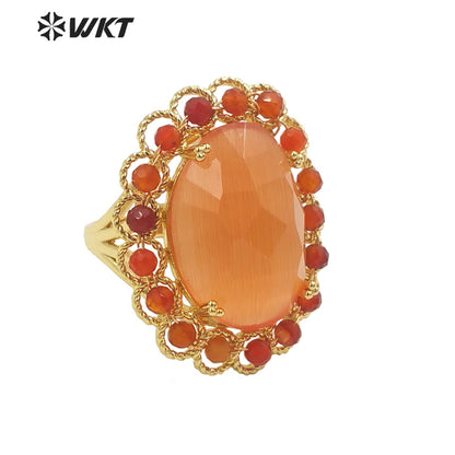 WT-R459 WKT Wholesale New Women 18k Gold Plated Resist Tarnishable Oval Cat Eye Stone Ring Charming Stone Beads Beauty Ring