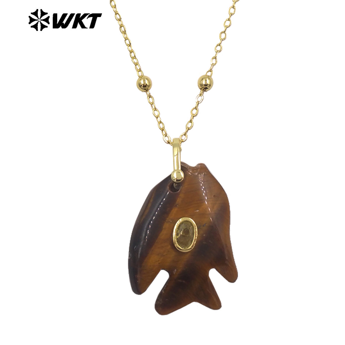 WT-N1511 Ocean Series Bead Chain And Zircon Setting In Natural Gemstones Fish Shape Pendant Necklace As Lady Trendy Matching