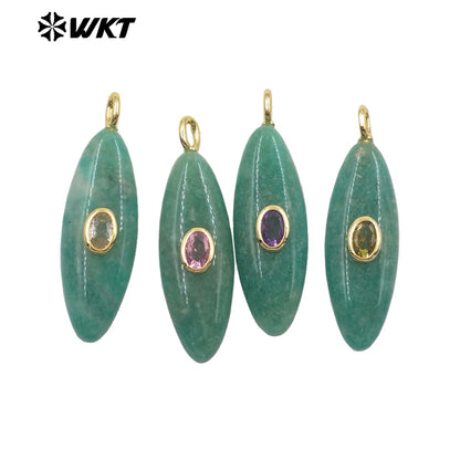 WT-P2053 Popular Style Zircon Gold Plated Natural Gemstones Long Oval Shape Pendants For Women Necklace Making Findings