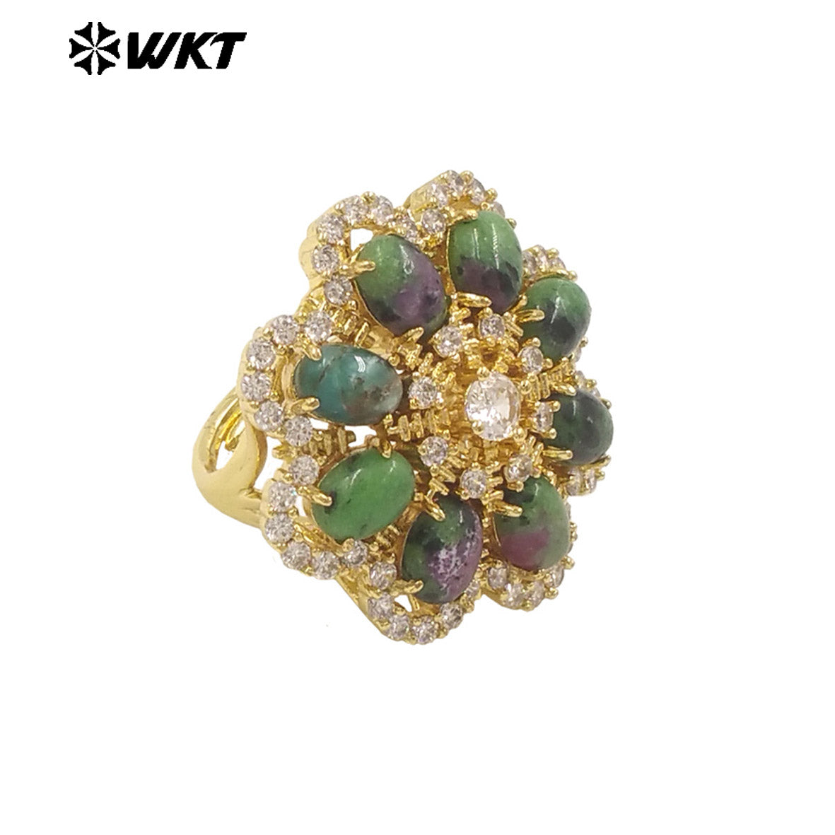 WT-R542 Wholesale Fashion Gold Micro Pave Cubic Zircon With Natural Gemstone Setting Beautiful Women Flower Ring