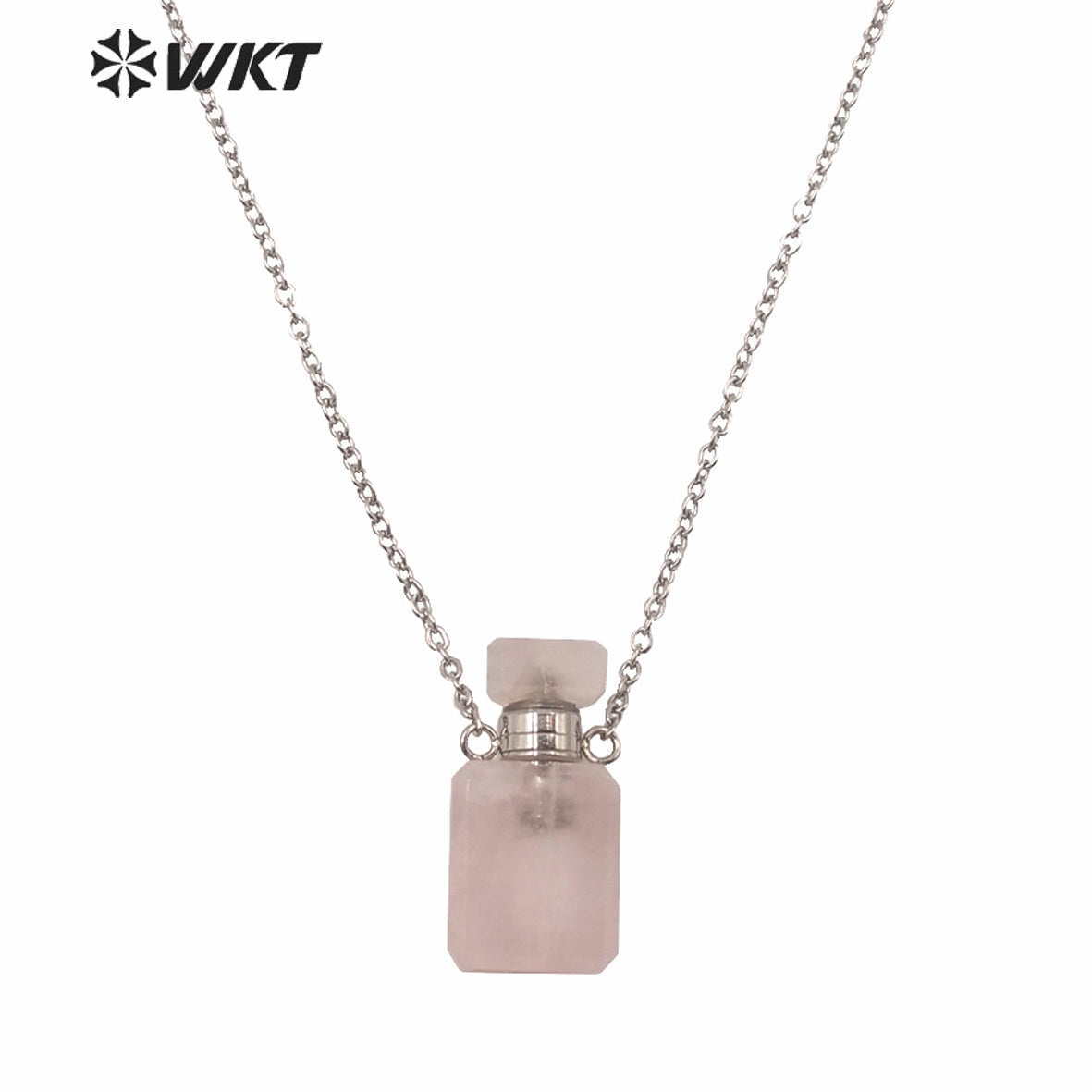 WT-N1240 WKT New Design Small Size Stainless Steel Chain Stone Bottle Necklace Mini square Steel France Perfume Bottle Necklace