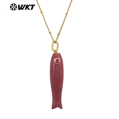 WT-N1535 Charming Trendy Natural Gemstones Little Fish Shape Gold Pendant Necklaces As Female Party Birthday Jewelry Gifts
