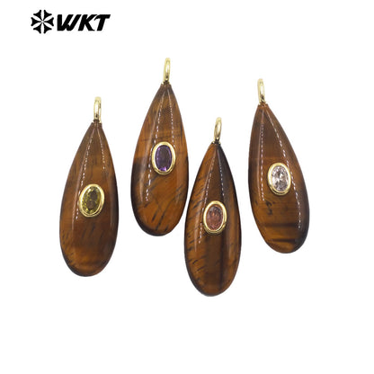 WT-P2065 Good Quality Gold Plated Zircon And Multi Natural Gemstones Waterdrop Shape Pendants For Fashion Women Earrings Making