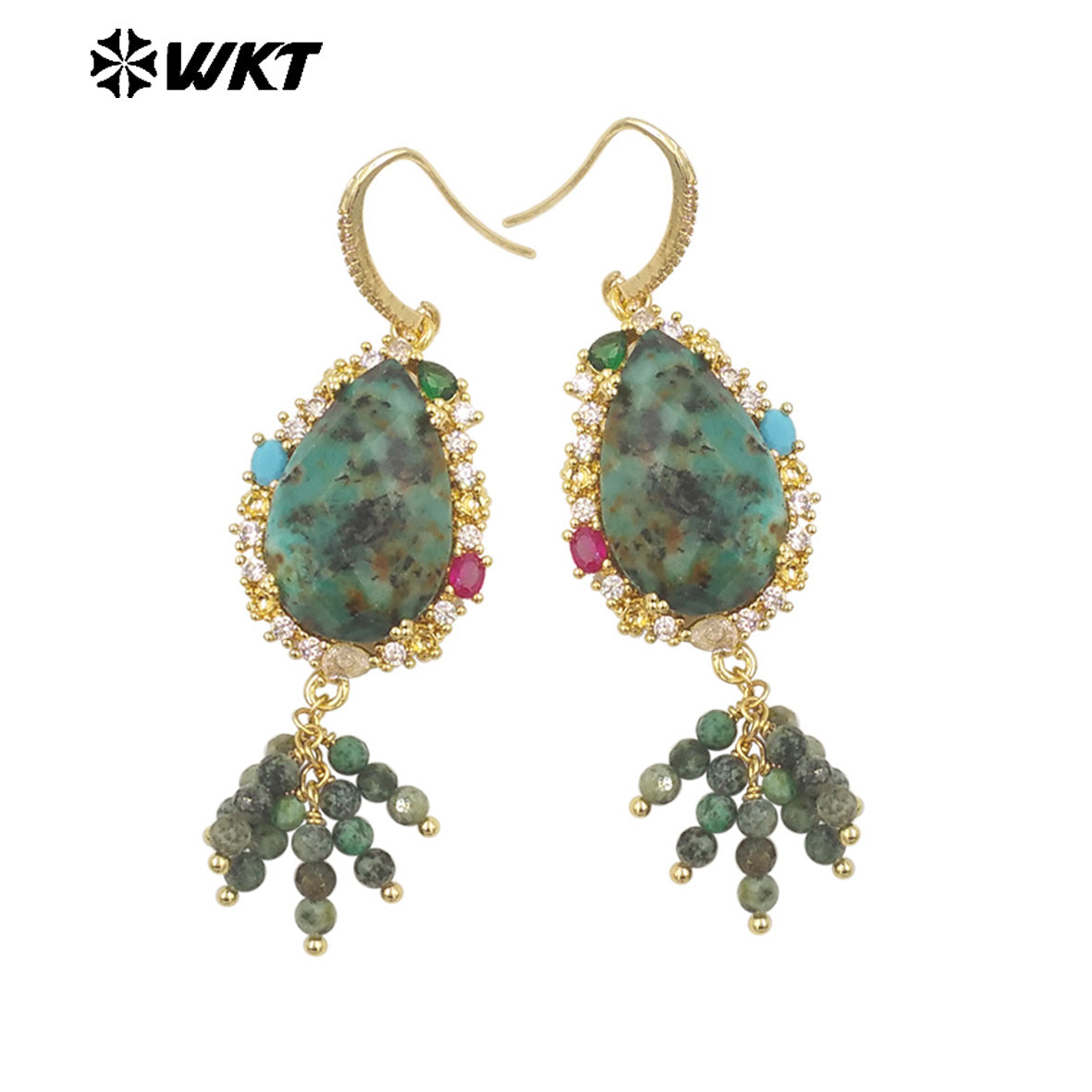 WT-ME107 WKT New Design Most Popular Handmade Wire Wrapped Tiny Beads Dangle Drop Stone Earring With Hoop Gold Party Studs