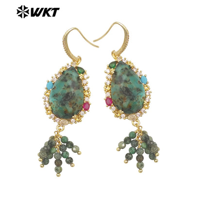 WT-ME107 WKT New Design Most Popular Handmade Wire Wrapped Tiny Beads Dangle Drop Stone Earring With Hoop Gold Party Studs