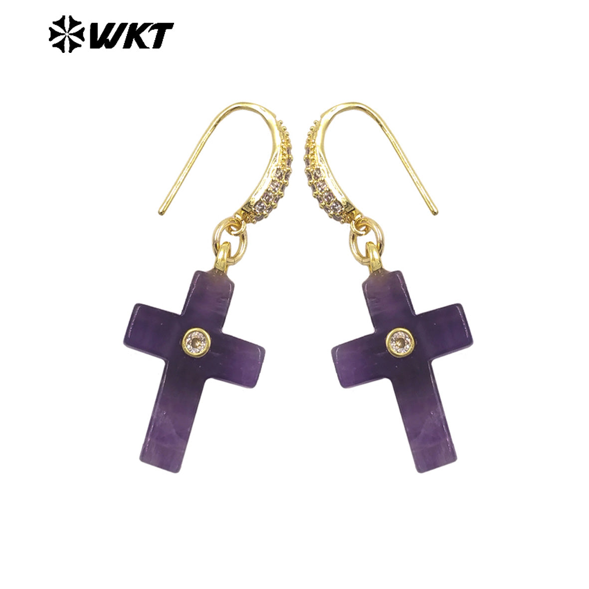 WT-E819 Popular Fashionable Zircon And Natural Gemstones Cross Design Gold Earrings As Female Wedding Matching Jewelry