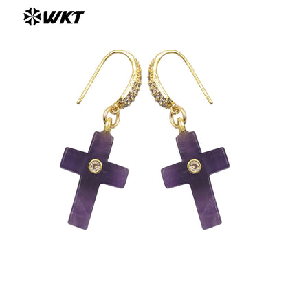 WT-E819 Popular Fashionable Zircon And Natural Gemstones Cross Design Gold Earrings As Female Wedding Matching Jewelry
