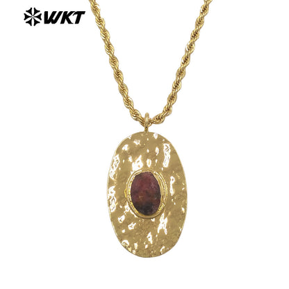 WT-N1538 Elegant Style Brass Chain With Gold Plated Natural Gemstone Oval Pendant Necklace For Lady Friend Birthday Gift