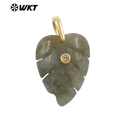 WT-P2141 Wonderful Zircon And Multi Colors Natural Gemstones Hand Carved Leaf Shape Gold Pendants For Lady Earrings DIY