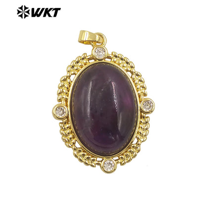 WT-P1985 Wholesale Fashion Gold Bezel Setting With Zircon Around Natural Oval Rose Quartz Stone Pendant for Necklace