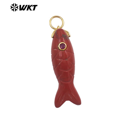 WT-P2069 Cute Design Zircon And Natural Gemstones Hand Carved Fish Shape Little Pendants For Lady Jewelry DIY Accessory