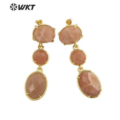 WT-E690 Amazing Gorgeous Fashion Triple Stone Earrings Precious 18k Real Gold Plated Resist Tarnish Prong Setting Dangle Studs