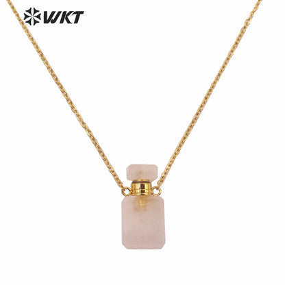 WT-N1239 Amazing Gold Electroplated Mini Cabochon Faceted Natural Stone Perfume Bottle Necklace Women Hot Essential Oil Necklace