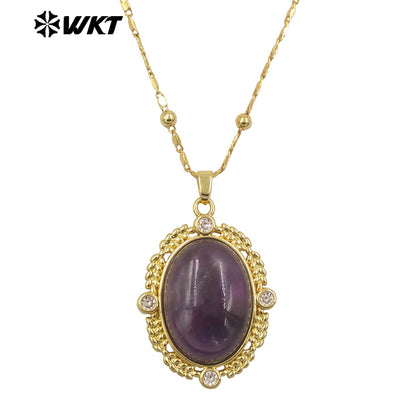 WT-N1474 Amazing 18K Real Gold Plated Resist Tarnishable Natural Gemstone Bezel Setting Oval Shape With Zircon Stone Necklace