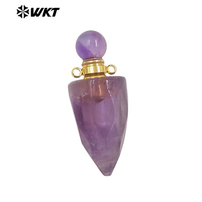 WT-P1979 New Design Fashion Gold Plated Faceted Natural Gemstone Carved Bullet Point Perfume Bottle Pendant for Necklace