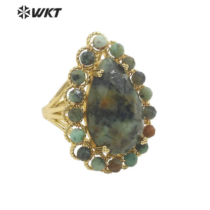 WT-R458 Gorgeous Invisible Setting Natural Teardrop Stone Ring 18k Gold Plated Precious Gemstone Drop Anniversary Ring