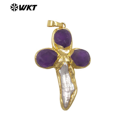 WT-JP382 Classic Cross Shape With Colored Natural Stone Pearl and 18k Gold Plated Pendant for Necklace Accessory