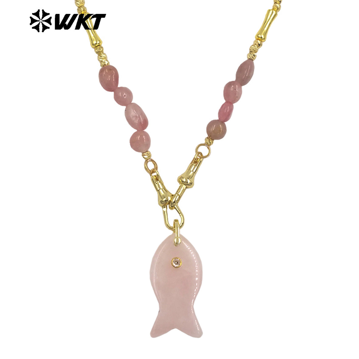 WT-N1522 Wonderful Stone Beads Splicing Metal Gold Chain With Natural Gemstones Fish Shape Pendant Necklaces For Women Gift
