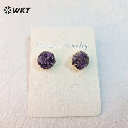 WT-E074 NEW Tiny Round Druzy Earrings Druzy Stud Earrings, Gold Plated Drusy Earrings, Amethyst Druzy Stud Earrings