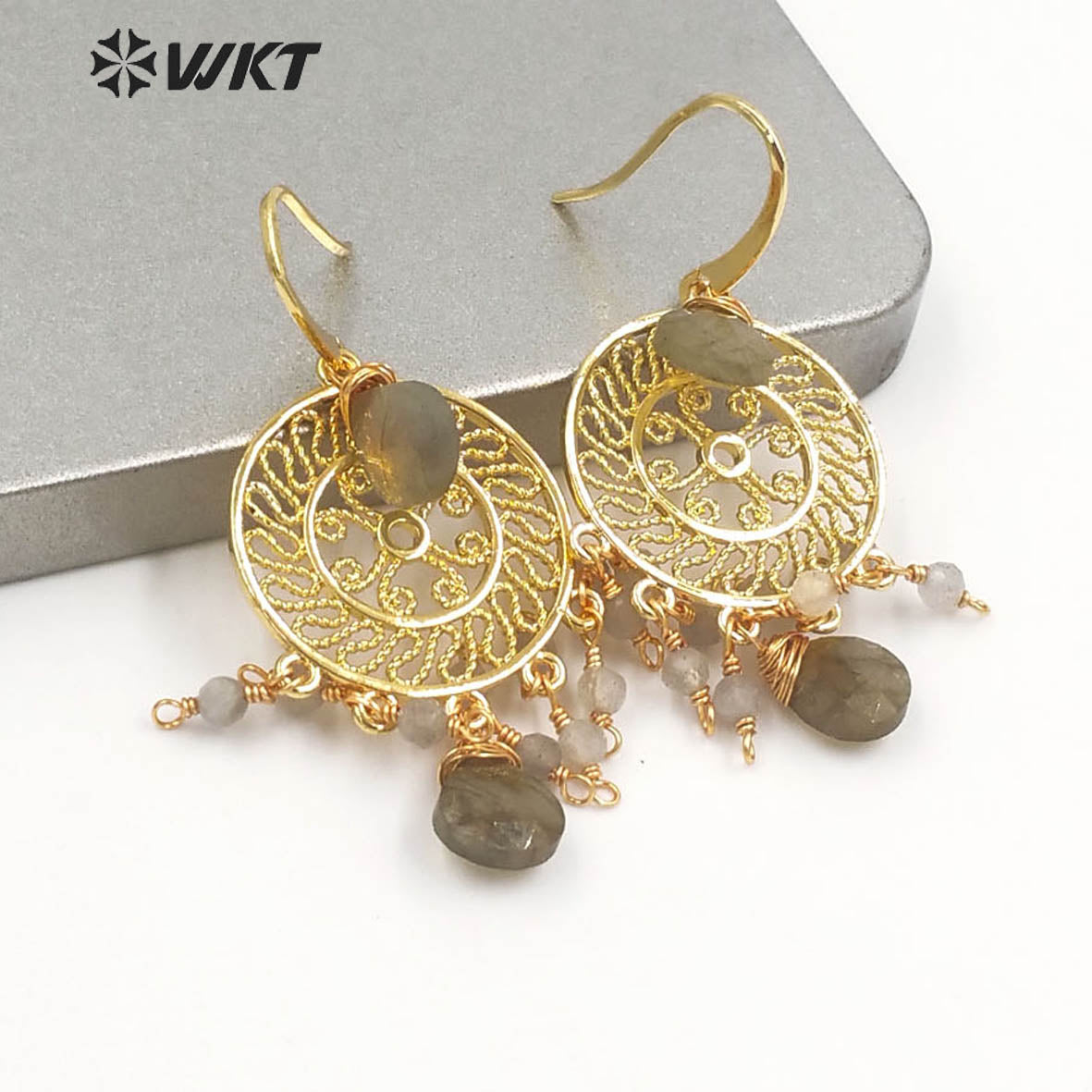 WT-E695 Bohemia Fashion Gold Gypsy Earrings with Natural Gemstone Made Dangle Earrings Handmade DIY Stone Hoop Earrings