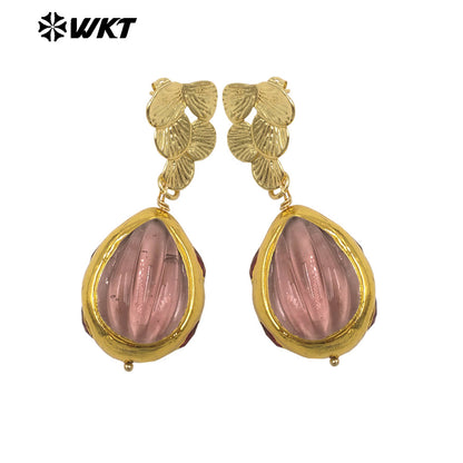 WT-E805 High Quality 18K Gold Plated Hand Carved Colorful Glaze Waterdrop Shape Earrings For Female Party Wearing Jewelry