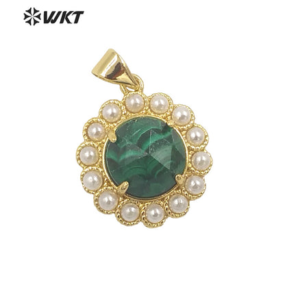 WT-JP358 Wholesale Fashion Gold Plated Stone With Claw Setting Artificial Shell Pearl Around Labradorite Gemstone Pendants