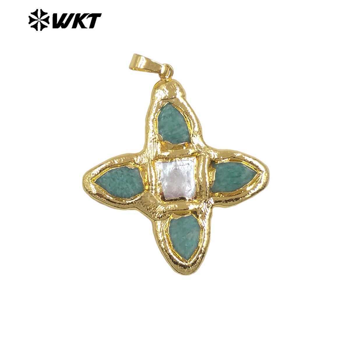 WT-JP216 WKT Jewelry Exclusive Unique Design Green Turquoise Stone Pendant Single Gold Plated Pearl Cross Pendant for Lady