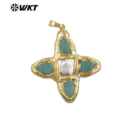 WT-JP216 WKT Jewelry Exclusive Unique Design Green Turquoise Stone Pendant Single Gold Plated Pearl Cross Pendant for Lady