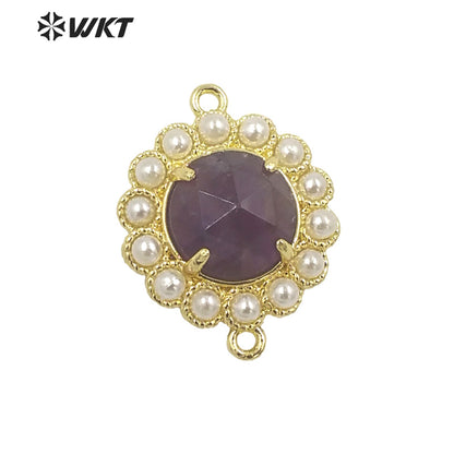 WT-PC005 Wholesale Fashion Gold Plated Double Loops Round Stone With Shell Pearl Around With Claw Setting Connector Findings