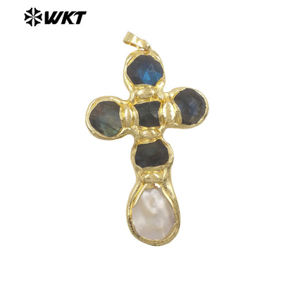 WT-JP449 Newest Labradorite Natural Stones And White Shell Spliced 18K Gold Plated Cross Pendants As Unique Jewelry Gift