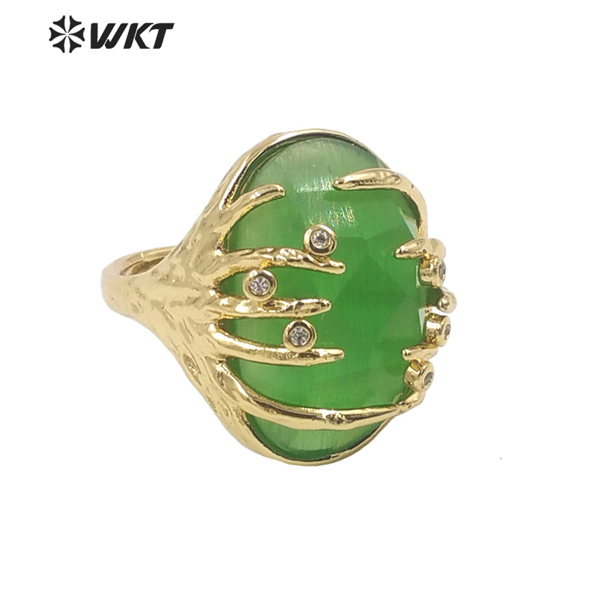 WT-R453 Wholesale Fashion Gold Bezel Claw Setting Oval Stone Ring Women Unique Trendy Cat Eye Stone Made Jewelry Party Ring
