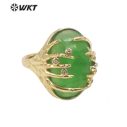 WT-R453 Wholesale Fashion Gold Bezel Claw Setting Oval Stone Ring Women Unique Trendy Cat Eye Stone Made Jewelry Party Ring