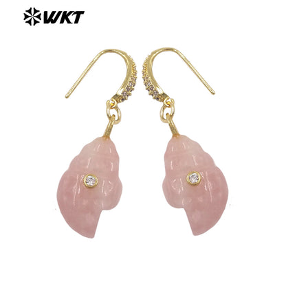 WT-E828 New Product Zircon And Various Natural Gemstones Conch Shape Gold Earrings For Girls Summer Beach Wearing Accessory