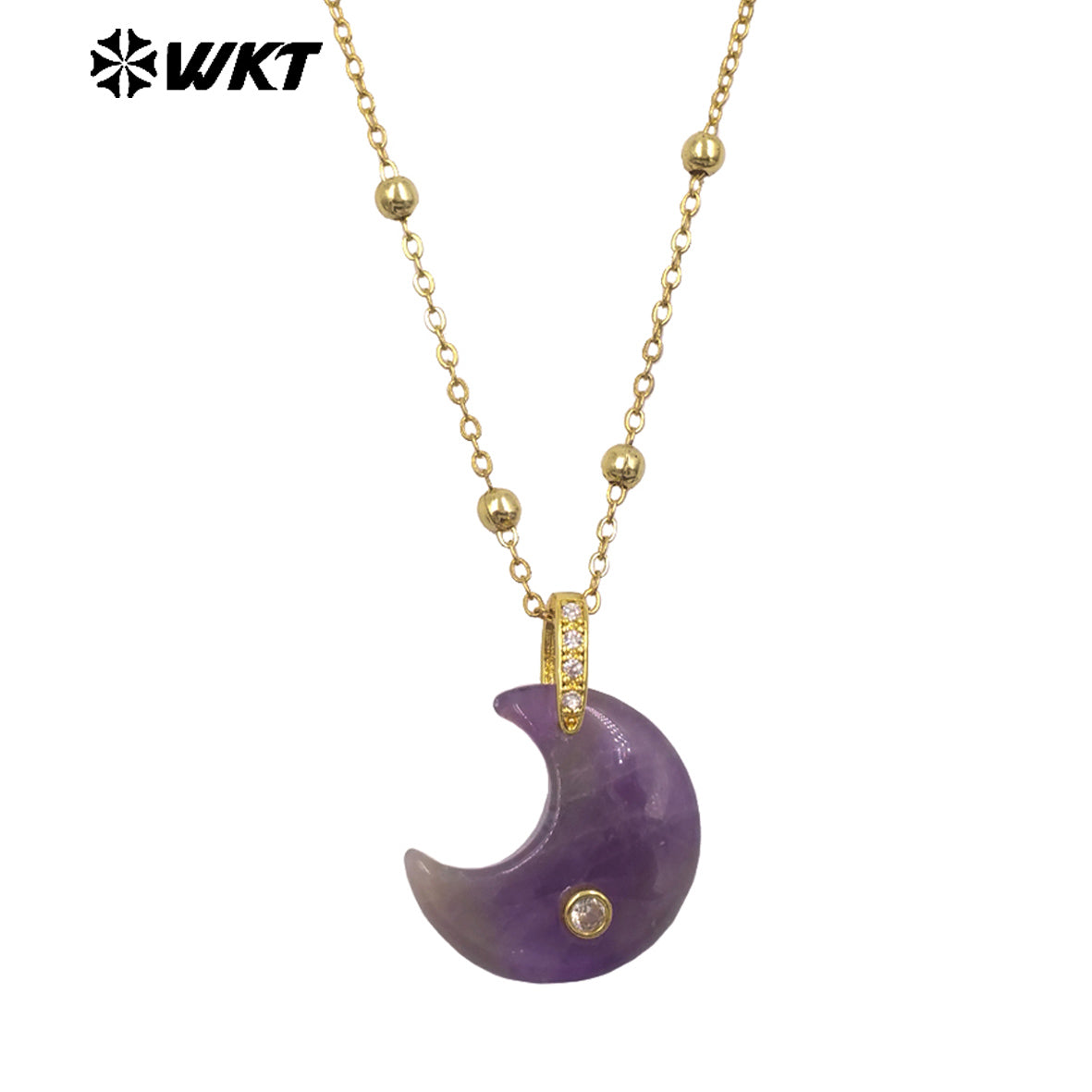 WT-N1530 Factory Wholesale Multiple Natural Gemstones Moon Shape Gold Little Pendants Necklaces For Lady Birthday Gifts