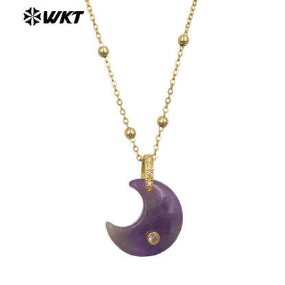 WT-N1530 Factory Wholesale Multiple Natural Gemstones Moon Shape Gold Little Pendants Necklaces For Lady Birthday Gifts