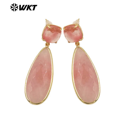 WKT-E759 Exquisite Super Colorful Long Earring Waterdrop Shape Natural Stone Material Accessory for Women Birthday Gifts