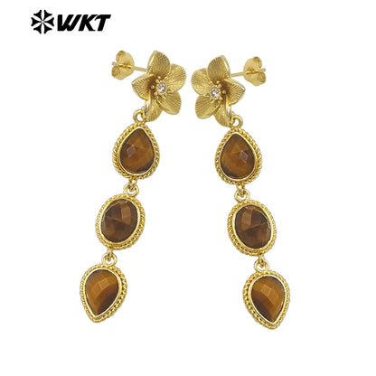 WT-E758 Amazing Fashion 18K Real Gold Plated Resist Tarnishable Multi Stones Earrings Women Birthday Gift Jewelry