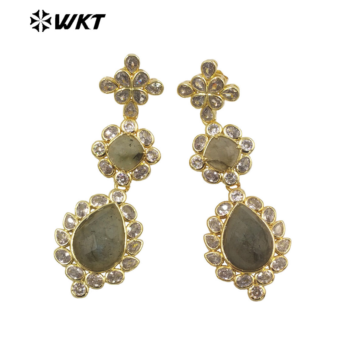 WT-ME088 WKT New Design 18K Real Gold Plated Multi Kinds of Gemstone Earrings Natural Lapis Drop Long Stone Studs for Gift