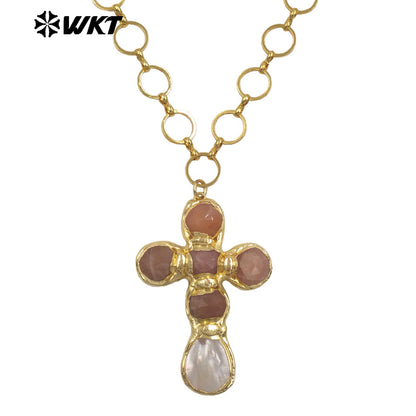 WT-JN374 Factory Wholesale Metal Chain With Natural Gemstone And White Shell Cross Pendant Necklace As Girl Daily Jewelry