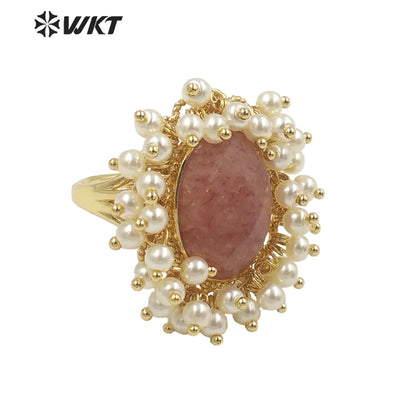 WT-MPR071 Gorgeous Trendy Fashion Natural Pearl and Gemstone Ring 18k Gold Plating for Women Lucky Unique Design Ring
